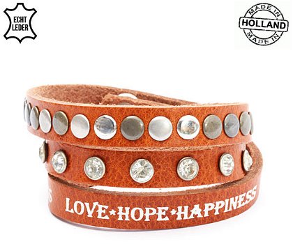 Lederen armband MIDDLE BROWN met tekst love hope happiness ronde studs - 0