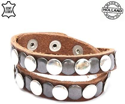 Lederen armband MIDDLE BROWN met ronde studs - 0