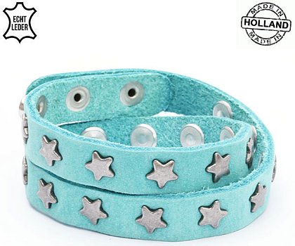 Lederen armband LIGHT BLUE met lichte ster studs - 0