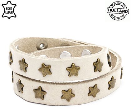 Lederen armband BEIGE met ster studs - 0