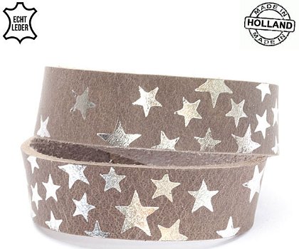 Lederen armband GREY breed met sterren - 0