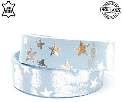 Lederen armband BLUE breed met sterren - 0