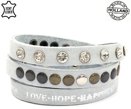 Lederen armband LIGHTGREY met tekst love hope happiness en ronde studs - 0