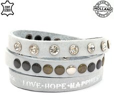 Lederen armband LIGHTGREY met tekst love hope happiness en ronde studs