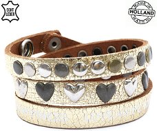 Lederen armband GOLD print tekst love hope happiness met hart en ronde studs