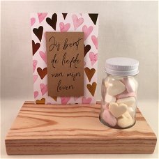 Valentijnsdag houten standaard & quote kaart & flesje adv 1