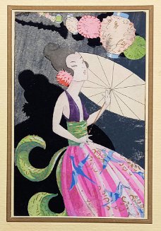 Art deco prent pochoir gekleurd Japanse dame met parasol