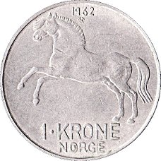 Noorwegen 1 krone 1959,1960,1961,1962,1963,1966,1967,1968,1969,1970,1971,1972,1973
