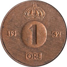 Zweden 1 öre 1953,1962,1964,1965,1966,1967,1968,1969