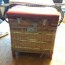 Vintage Rieten Viskoffer Kruk