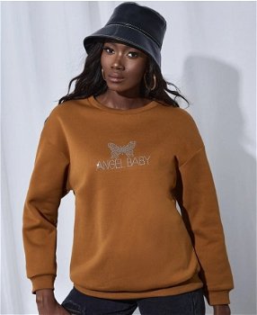 Okergeel/bruin sweater met vlinder applicatie - 0