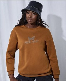 Okergeel/bruin sweater met vlinder applicatie