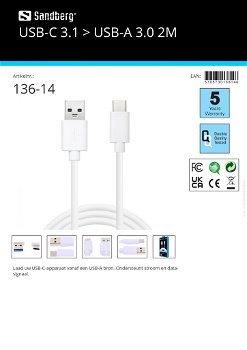 USB-C 3.1 > USB-A 3.0 2m Ondersteunt stroom data-signaal voor alle merken - 2