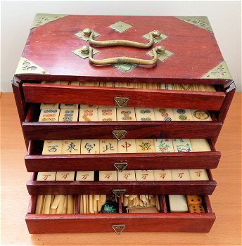 Antieke houten Mahjong kist A87 - 0