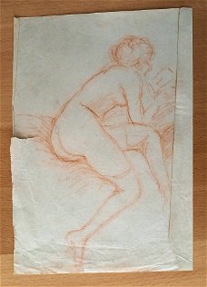 A493-2 Lezende dame op bed - Oude tekening