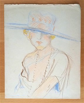 A493-3 Oude tekening Dame met hoed - 0