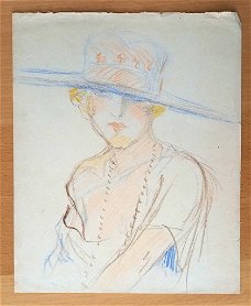 A493-3 Oude tekening Dame met hoed