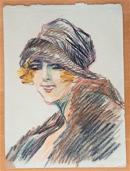 A493-6 Oude tekening Dame met hoed Mode jaren twintig - 0