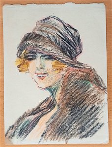 A493-6 Oude tekening Dame met hoed Mode jaren twintig