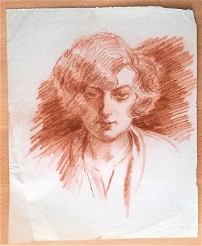 A93-9 Oude tekening Portret dame en face - met watermerk - 0