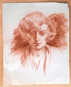 A93-9 Oude tekening Portret dame en face - met watermerk