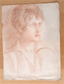 A493-10 Oude tekening Driekwart portret dame - met watermerk - 0