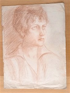 A493-10 Oude tekening Driekwart portret dame - met watermerk