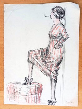 A493-12 Oude tekening Rokende dame met voet op poef - 0
