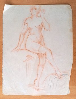 A493-14 Oude tekening Ontklede vrouw met kousen en schoenen - 0