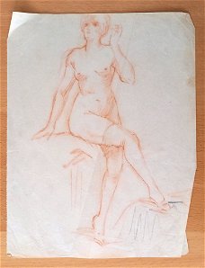 A493-14 Oude tekening Ontklede vrouw met kousen en schoenen