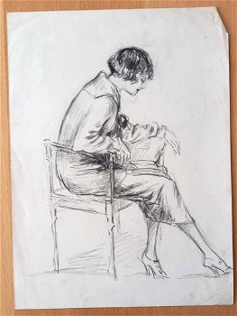 A493-15 Oude tekening Vrouw in stoel en profil - 0
