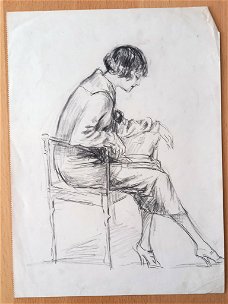 A493-15 Oude tekening Vrouw in stoel en profil