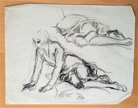 A493-16 Oude tekening Vrouw op zittend op de grond - 0