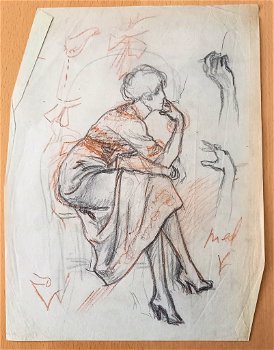 A493-17 Oude tekening Vrouw op stoel rokend - grijs en rood - 0