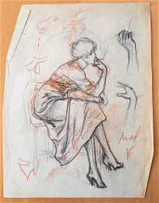 A493-17 Oude tekening Vrouw op stoel rokend - grijs en rood