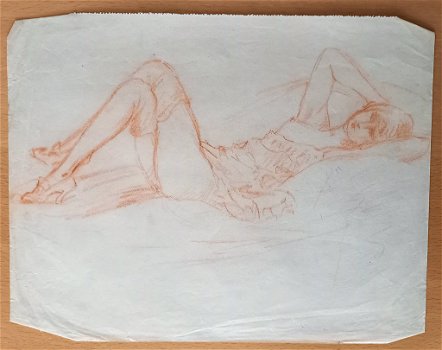 A493-19 Oude tekening Vrouw in lingerie op bed - 0