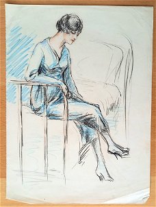 A493-20 Oude tekening Vrouw op bed in blauwe jurk