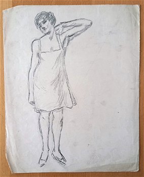 A493-25 Oude tekening Vrouw met hand in nek - 0