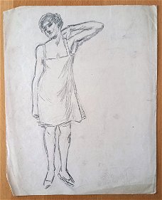 A493-25 Oude tekening Vrouw met hand in nek