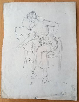 A493-27 Oude tekening Vrouw in Lingerie achterkant aquarel - 0