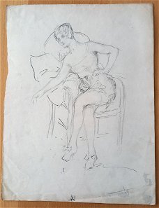 A493-27 Oude tekening Vrouw in Lingerie achterkant aquarel