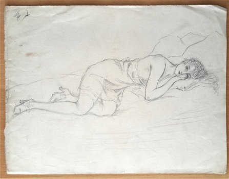 A493-30 Oude tekening vrouw op bed met korte jurk schoenen - 0