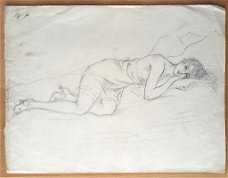 A493-30 Oude tekening vrouw op bed met korte jurk schoenen