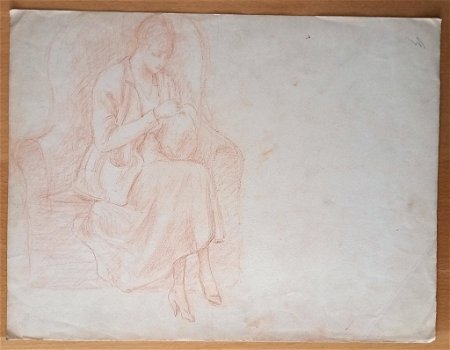 A493-33 Oude tekening Vrouw op bank bordurend - 0