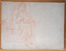 A493-33 Oude tekening Vrouw op bank bordurend
