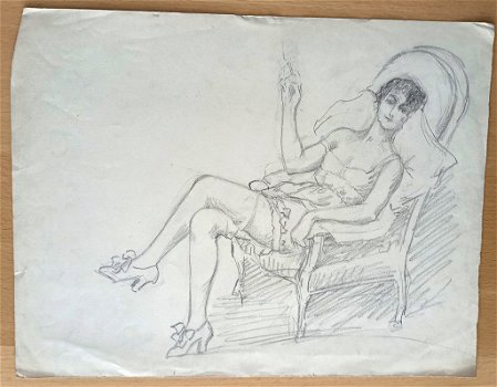 A493-35 Oude tekening Vrouw in lingerie, rokend in stoel - 0
