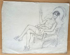 A493-35 Oude tekening Vrouw in lingerie, rokend in stoel