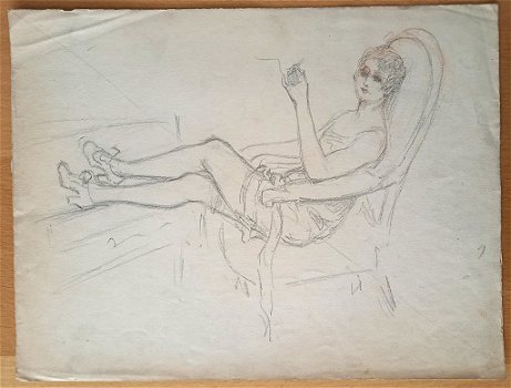 A493-36 Oude tekening en aquarel - Vrouw in lingerie - Vaas - 1