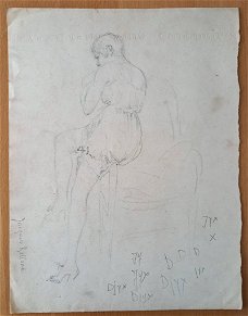 A493-37 Oude tekening Vrouw in lingerie op rug gezien