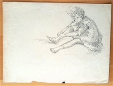 A493-38 Oude tekening Meisje zittend op grond